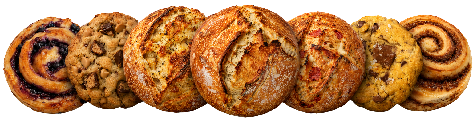 A row of Jess Bakes Sourdough's fresh-baked goods: a blueberry sweet roll, chocolate chip cookie, sourdough boules, a tomato-topped sourdough round, a sea salt cookie, and a cinnamon roll.
